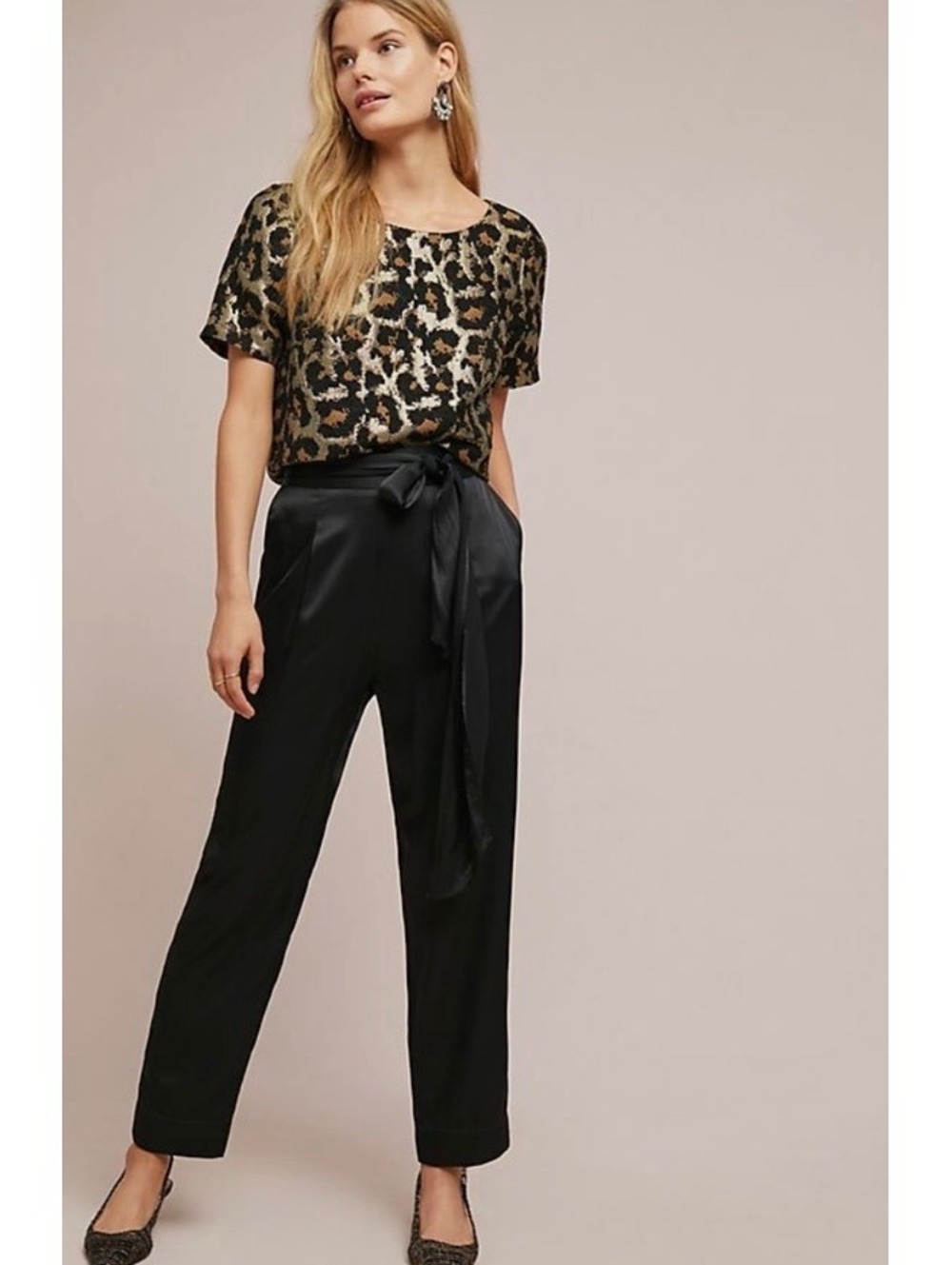 Anthropologie Black Satin Tie Waist Pants Size 6